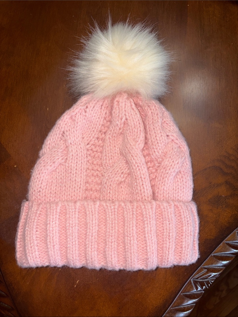 Place Light Pink Cable Knit Beanie with Cream Faux Fur Pom